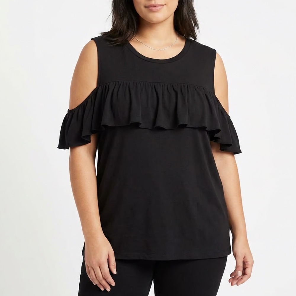 Truly Madly Deeply Black Ruffle Cold Shoulder Top Medium Scoop Neck Cotton Modal